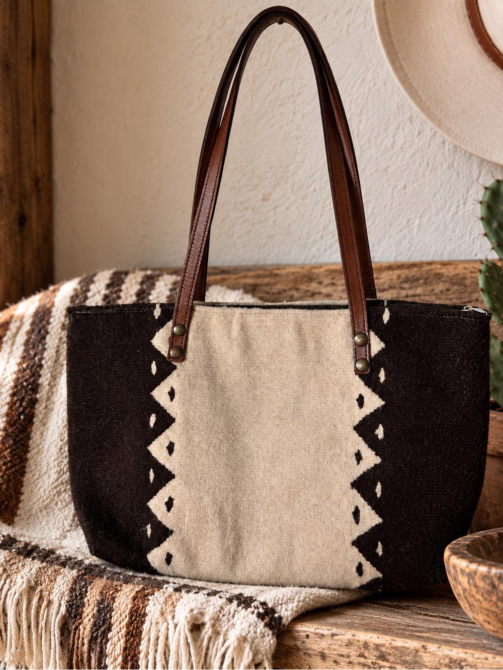 NWT Handcrafted Mexican Wool Leather Tote chocolate brown Southwestern Boho